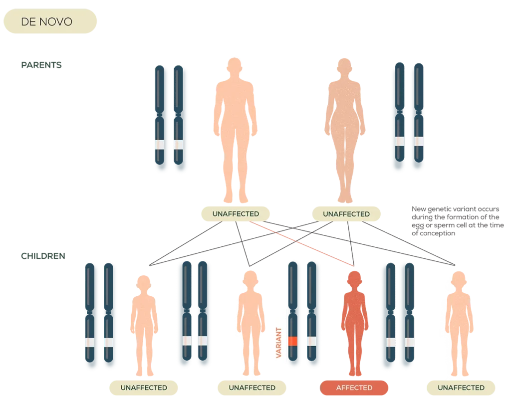 Illustration showing a new genetic variant occurring for the first time in an individual without a family history.